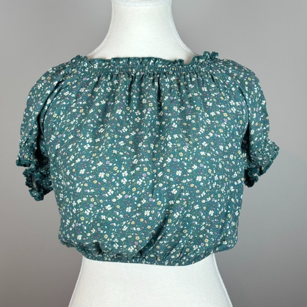 American Eagle Womens Puff Sleeve‎ Green Micro Floral Tie Back Crop Top sz Small